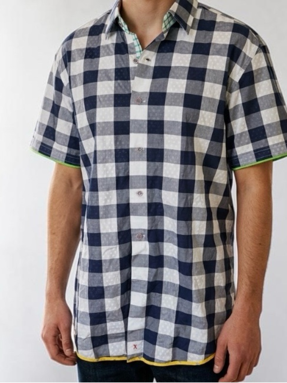Men's Navy & White Check Short-Sleeve Button-Down Shirt by Robert Graham size L